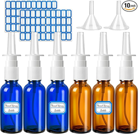 10 Pcs Nasal Spray Bottle, 1OZ/30ML Blue Brown Glass Empty Nasal Spray Bottles Refillable with 2Pcs Funnels and 2Pcs Labels