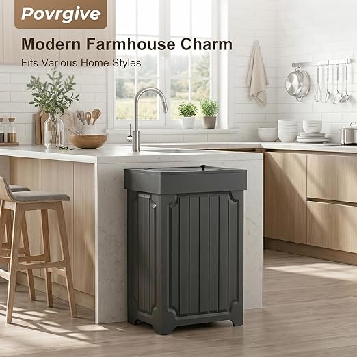 Povrgive Wood Trash Can Cabinet, 13 Gallon Hidden Kitchen Garbage Can with Lid, Farmhouse Dog Proof Trash Can, Metal Ring Included, 16" L x 13" W x 26.5" H, Black