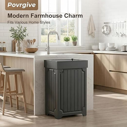 Povrgive Wood Trash Can Cabinet, 13 Gallon Hidden Kitchen Garbage Can with Lid, Farmhouse Dog Proof Trash Can, Metal Ring Included, 16" L x 13" W x 26.5" H, Black
