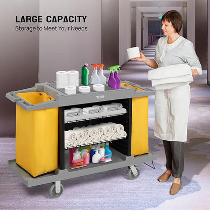 LEADZM Premium Hotel & Housekeeping Cart on Wheels, 154LBS Multifunctional Commercial Cleaning Cart with Large Capacity Vingyl Bags, Comfor Grip Handles and Easy Move Casters, Gray