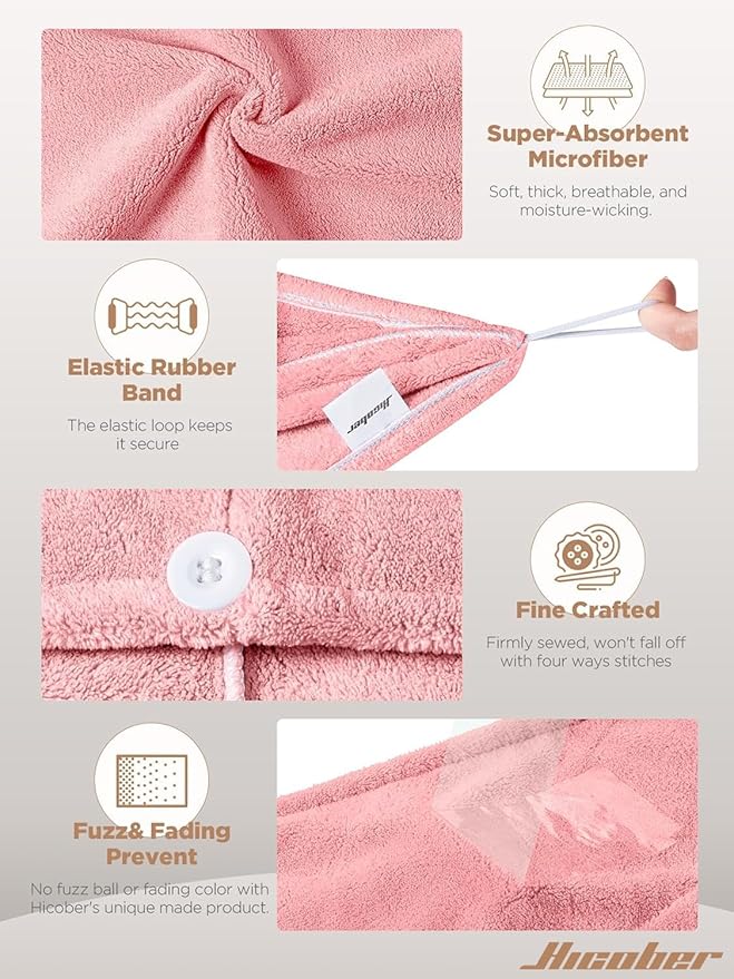 Hicober Microfiber Hair Towel, 3 Packs Hair Turbans for Wet Hair, Drying Hair Wrap Towels for Curly Hair Women Anti Frizz (Pink,Purple,Grey)