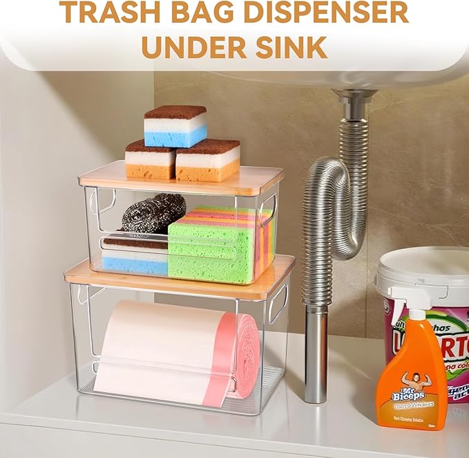 Trash Bag Holder Dispenser 2 Pack, Garbage Bag Dispenser with Bamboo Lid & Handles, Stackable Clear Trash Bag Organizer Under Sink for Kitchen, Pantry, Laundry Room, Cabinet (XL+S)