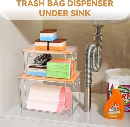 Trash Bag Holder Dispenser 2 Pack, Garbage Bag Dispenser with Bamboo Lid & Handles, Stackable Clear Trash Bag Organizer Under Sink for Kitchen, Pantry, Laundry Room, Cabinet (XL+S)