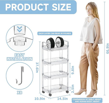 Yieach Clear 4 Tier Rolling Utility Cart with Wheels,Modern Bedside Cart for Baby Essentials,Nursery,Diaper Caddy,Baby Supplies,Rolling Storage Cart for Living Room,Bathroom,Kitchen,Book