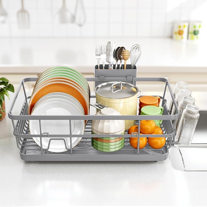 TOOLF Dish Drying Rack, Dish Racks for Kitchen Counter, Stainless Steel Sink Organization and Storage Essentials with Cutlery Holder, Dish Drainer, Home and Appartment Decor, 12.4''W x 16.5''L, Gray