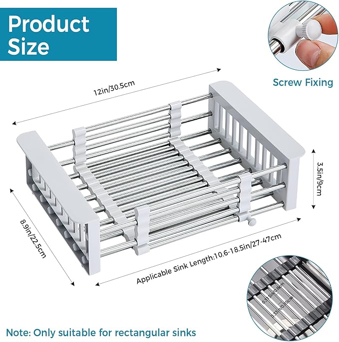 COVRA Stainless Steel Over-Sink Dish Drying Rack – Versatile Kitchen Organizer for 11″–19″ Square Sinks – Effortless Drying for Dishes, Fruits & Vegetables (Gray)