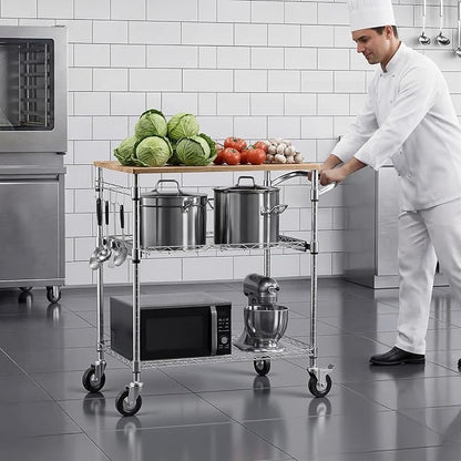 VEVOR Kitchen Utility Cart, 3 Tier Heavy Duty Adjustable Wire Storage Rack with Wood Tabletop and Handle Bar, Rolling Portable Service Trolley on Wheels, 661 lbs Steel Work Table, 30x18x36 in