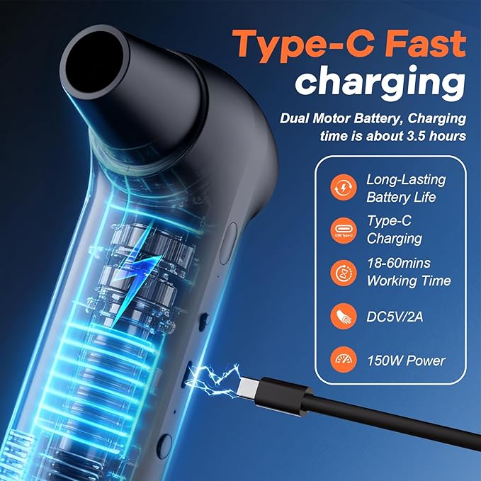 Compressed Air Duster, Rechargeable Electric 2-in-1 Air Blower and Car Vacuum, 130000RPM 3 Speed Super Power Brushless Motor, Fast Charging, Dust Blower for Computer, Keyboard, House, Outdoor and Car