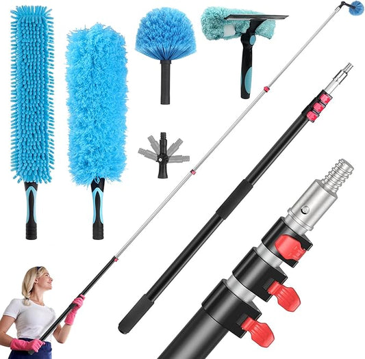 26FT High Reach Cleaning Kit - Includes 24FT Telescoping Extension Pole Bendable Chenille Duster & Microfiber Duster Cobweb Duster Glass Scrubber & Squeegee Swivel Head - for Ceiling Fans Windows