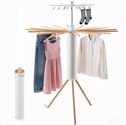 Clothes Drying Rack Tripod, Floor Standing Laundry Drying Rack, Portable & Foldable with 16 Wooden Poles Space-Saving Drying Rack for Laundry, Retractable Collapsible for Balcony Bedroom