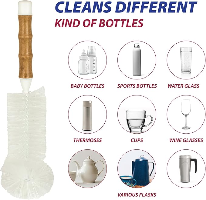 HIC Kitchen Bamboo Water Bottle Brush, Natural Bamboo with Non-Scratch Bristles