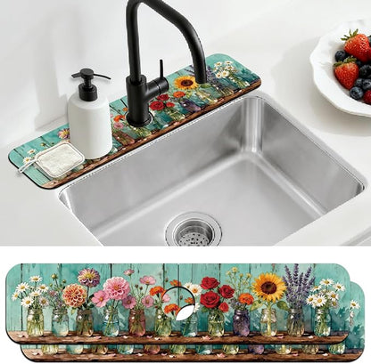 2 Pcs Kitchen Sink Splash Guard Faucet Mats Colored Glass Vases with Plants Pattern Faucet Mat for Sinks Roses Absorbing Drying Mat for Kitchen Bathroom, 23.6x5.5inch