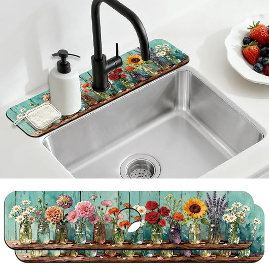 2 Pcs Kitchen Sink Splash Guard Faucet Mats Colored Glass Vases with Plants Pattern Faucet Mat for Sinks Roses Absorbing Drying Mat for Kitchen Bathroom, 23.6x5.5inch