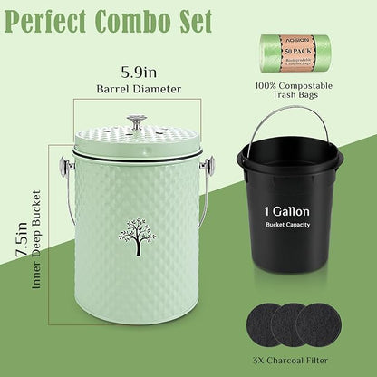 AOSION Countertop Compost Bin Kitchen，Odorless Indoor Compost Bin with Lid and 50 Pack Compost Bags,Compost Bucket Composter Container for Food Waste,Green