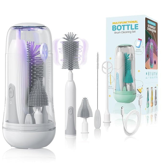 IvyWind Electric Travel Baby Bottle Brush Set with Storage Box, Automatic Bottle Cleaner Brush Kit with Silicone Bottle/Nipple/Straw Brush, Milk Frother Electric and Drainage Rack, Rechargeable, Gray