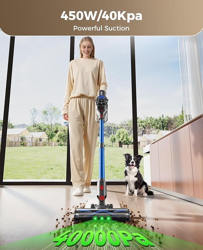 Cordless Vacuum Cleaner, 450W 40KPA Vacuum Cleaners for Home, 45Mins Lightweight Stick Vac with Anti-Tangle Brush, LED Display, Rechargeable Battery for Home, Carpets, Pet Hair, Hardwood Floors