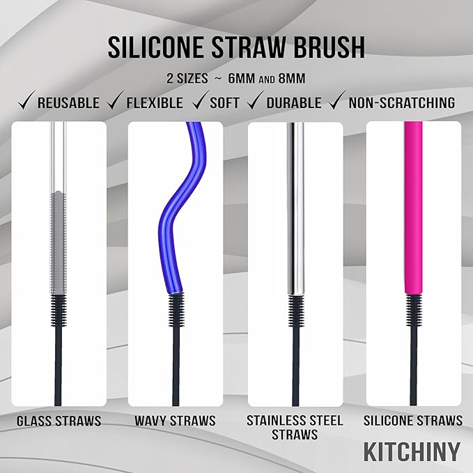 Kitchiny Silicone Bottle Brush with 2 Straw Cleaners - 12.5” Water Bottle Cleaner Brush for Yeti, Hydro Flask, Owala, Stanley, Baby Bottles, Glassware, Vases & Narrow Neck Containers - Grey