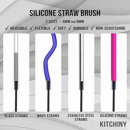 Kitchiny Silicone Bottle Brush with 2 Straw Cleaners - 12.5” Water Bottle Cleaner Brush for Yeti, Hydro Flask, Owala, Stanley, Baby Bottles, Glassware, Vases & Narrow Neck Containers - Grey