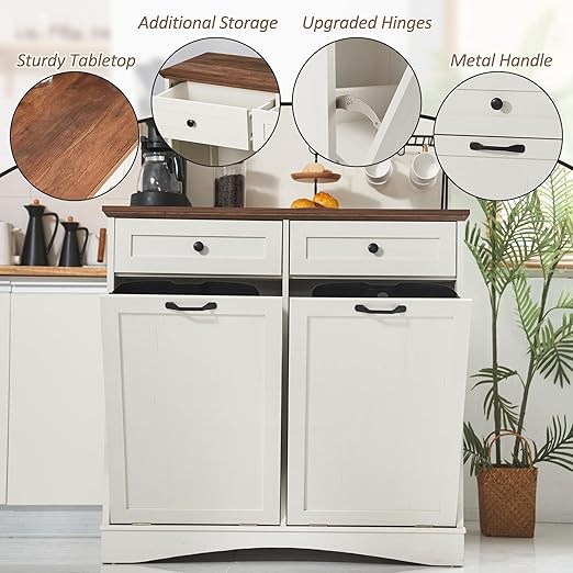 AHB Double Tilt Out Trash Can Cabinet Freestanding Kitchen Trash Can, 2x13 Gallons Hidden Garbage Recycling Cabinet with Hideaway Drawers Pet Proof Trash Can Holder for Kitchen, Antique White