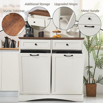 AHB Double Tilt Out Trash Can Cabinet Freestanding Kitchen Trash Can, 2x13 Gallons Hidden Garbage Recycling Cabinet with Hideaway Drawers Pet Proof Trash Can Holder for Kitchen, Antique White