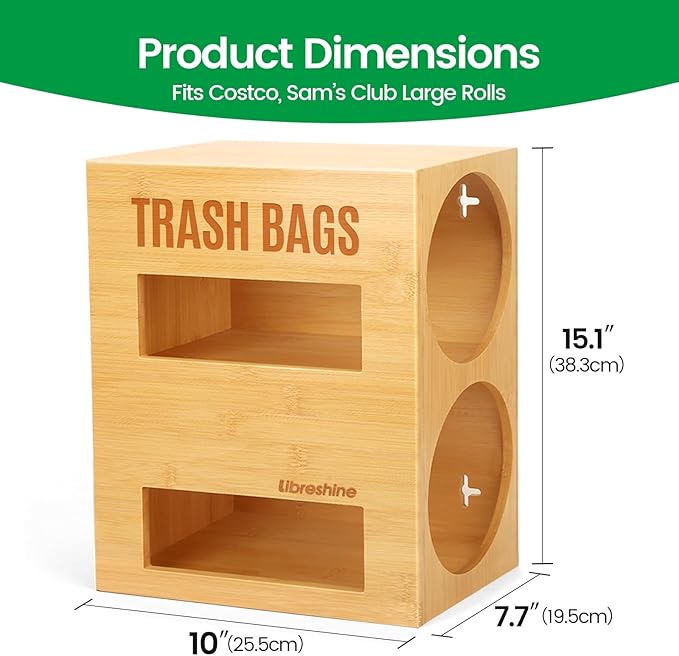 Libreshine Extra Large Bamboo 2-in-1 Trash Bag Dispenser & Roll Holder – Fits Costco Kirkland & Members Mark Jumbo Rolls, Wall/Under-Sink/Cabinet Mountable, Dual-Slot Storage for 2 Rolls