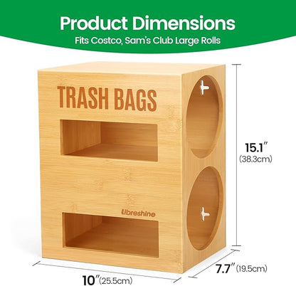 Libreshine Extra Large Bamboo 2-in-1 Trash Bag Dispenser & Roll Holder – Fits Costco Kirkland & Members Mark Jumbo Rolls, Wall/Under-Sink/Cabinet Mountable, Dual-Slot Storage for 2 Rolls
