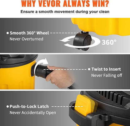 VEVOR 2.6 Gallon 2.5 Peak HP Wet and Dry Shop Vac， Portable Shop Vacuum and Blower 3-in-1 with Filter, Hose and Attachments for Home and Car Cleaning Black/Yellow