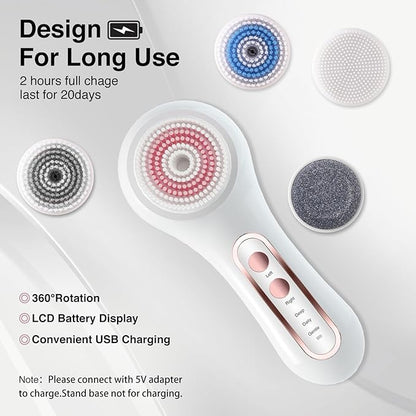 UMICKOO Electric Facial Cleansing Brush, 2-Way Rotating Face Scrubber for Daily & Deep Cleaning, 3 Modes, 5 Brush Heads, Rechargeable, IPX7 Waterproof for All Skin Types