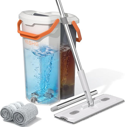 YASHE Mop and Bucket Set with Detachable Space-Saving Bucket, Mop for Floor Cleaning with Wringer, Wall Mop with 360° Rotating Mop Head, 2 Reusable Microfiber Mop Pads