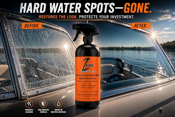 Hard Water & Calcium Remover for Boats & Cars - Safe on Paint, Glass, Chrome & Fiberglass - Removes White Spots & Mineral Build Up - Vinegar & Acid Free