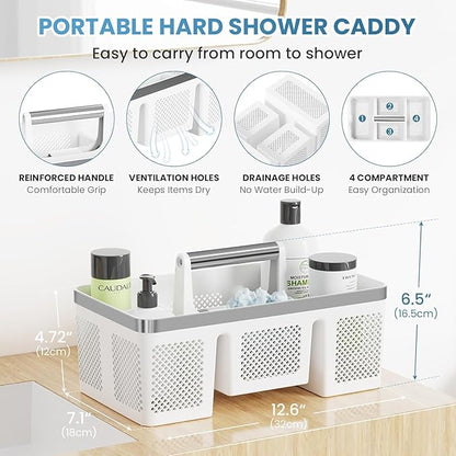 BYUNER Plastic Shower Caddy Dorm: Portable Shower Basket Tote with Handle, 4 Compartments, All-Side Drainage, Hard Bathroom & Cleaning Caddy Organizer for college Dorm Room Essentials, White/Silver