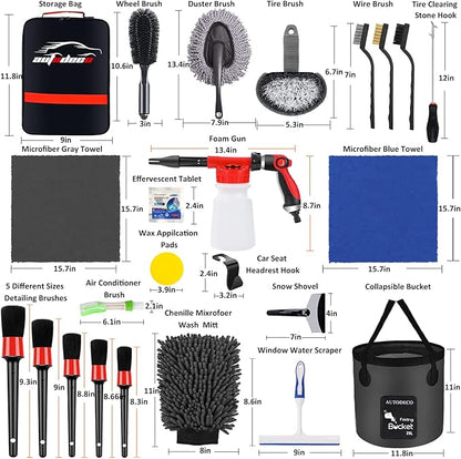 35Pcs Car Wash Detailing Kit Cleaning Kits with Foam Gun Sprayer Collapsible Bucket Brush Large Wash Mitt Towels Complete Interior Exterior Car Washing Supply Set Black