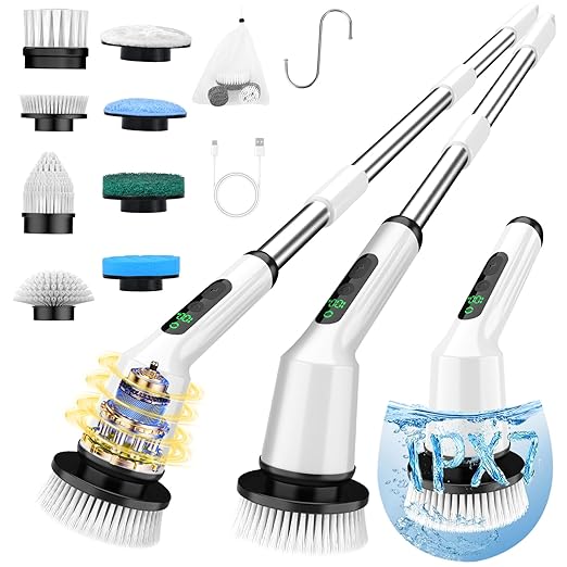 Shower Scrubber with Long Handle, Shower Cleaner Brush with 8 Brush Heads, Cordless Electric Spin Scrubber for Cleaning with 2 Speed, Cleaning Supplies for Bathroom Bathtub Kitchen Floor Tile Toilet