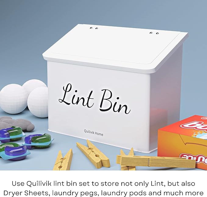 Metal Magnetic Lint Bin With Lid For Laundry Room Decor With Small Lint Holder Bin| Metal Box| Lint Holder Bins for Organzation (White, Small)
