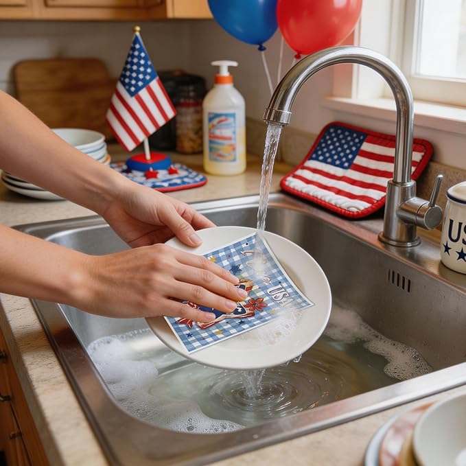 Patriotic Swedish Kitchen Dishcloths, 6 Pack 250th Anniversary USA Dish Cloths Towel, Reusable 4th of July Sponge Cleaning Cloths for Independence Memorial Day Home Decoration Gifts 7 x 8 in