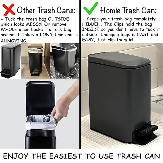Homie Soft Close, Slim Trash Can 6 Liter / 1.6 Gallon with Anti - Bag Slip Liner and Lid, Use as Mini Garbage Basket, Slim Dust Bin, or Decor in Bathroom, Restroom, Kitchen, or Bedroom (Matte Gray)