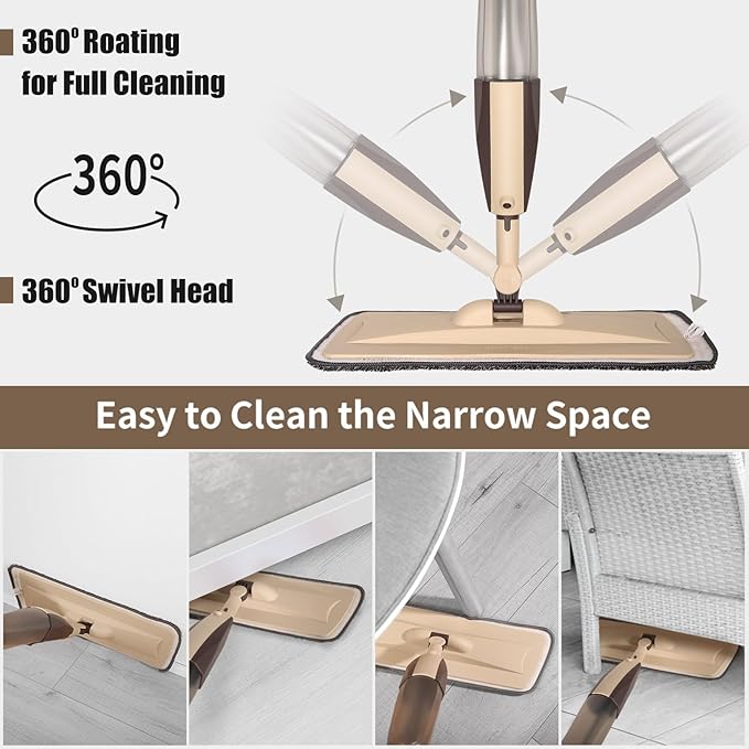 Mops for Floor Cleaning, 50 inch Spray Mop with 400ml Refillable Bottle and 3 Replacement Pads Dry Wet FloorCleaning Household or Commercial Use for Hardwood Laminate Tile Ceramic (Brown)
