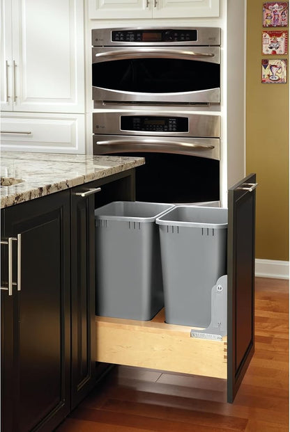 Rev-A-Shelf 50 Qt Bottom Mount Double Pullout Under Cabinet Trash Cans w/Soft-Close for Base Cabinets, Min Opening Width of 17.5", Metallic Silver, 4WCBM-2150DM-2