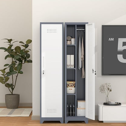 Broom Closet Utility Storage Cabinet with Locking Door and 2 Shelves, 65" H Slim Tool Cabinet for Broom and Mops (Gray,65“H-1 Door) (GrayWhite, 65" H-1Door)