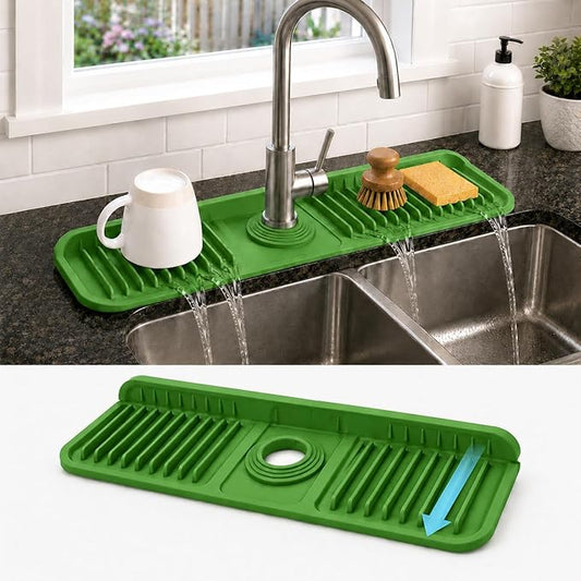 17" Silicone Faucet Handle Drip Catcher Tray,7° Sloped Self Draining Mat with Snap-on Design & Soap Holder, Sink Splash Guard for Kitchen & Bathroom, Trim-to-Fit Opening
