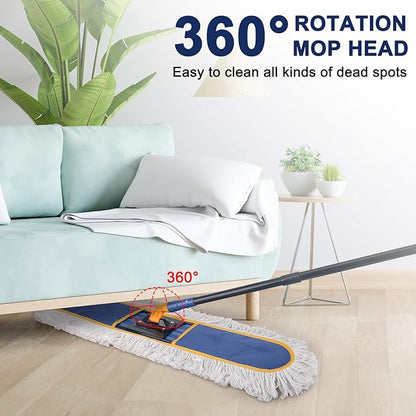 24" Commercial Dust Mop for Floor Cleaning,Heavy Duty Floor Duster with 2 Cotton Reusable Mop Pads,59” Long Handle Wet Dry Flat Mops for Hardwood Floors,Marble, Laminate,Tile,Concrete,Garage (Blue)