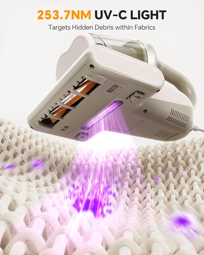 Mr.ego Mattress Vacuum Cleaner, 4-in-1 Bed Vacuum Cleaner, 16kPa Strong Suction, 253.7 nm UV-C Light & Ultrasonic, Dual Dust Cup, Wide Suction Port, Corded Handheld Vacuum for Bed, Sofa, Crib