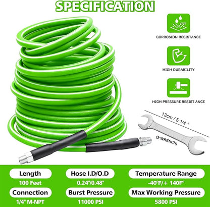 West Bay Sewer Jetter Kit 100 FT for Pressure Washer, 5800 PSI Drain Cleaner Hose 1/4 Inch NPT Corner Rotating and Button Nose Sewer Jetting Nozzle Spanner Watertight Tape Pearl Corsage Pin(Green)