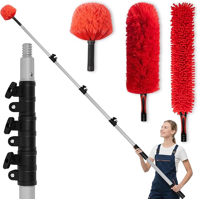 12 FT Cobweb Duster with Extension Pole, 20 FT High Reach Ceiling Fan Cleaner Duster for Home, 3.5-12 FT Extendable Pole with 3 Pcs Dusting Tools, Cubweb Brush, Feather Dusters, Ceiling Fan Duster
