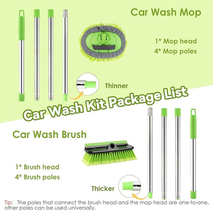2 Pack Car Wash Brush with Long Handle, 62" Microfiber Car Wash Mop and Car Washing Brush Combo Set, Scratch-Free Soft Bristle Car Wash Mop Brushes Cleaning Kit for Exterior Car, Truck, RV, Boat
