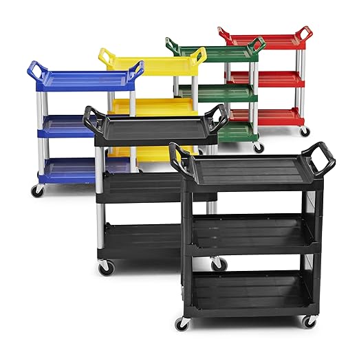 Rubbermaid Commercial Products Heavy Duty 3-Shelf Rolling Service/Utility/Push Cart, 200 lbs. Capacity, Black, for Foodservice/Restaurant/Cleaning/Warehouse/Garage