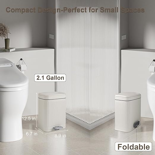 rejomiik Small Bathroom Trash Can with Lid 2.1 Gallon Soft Close Step Slim Garbage Can Waste Bin for Office, Bedroom, Kitchen, Cream