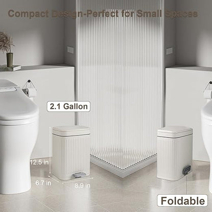 rejomiik Small Bathroom Trash Can with Lid 2.1 Gallon Soft Close Step Slim Garbage Can Waste Bin for Office, Bedroom, Kitchen, Cream