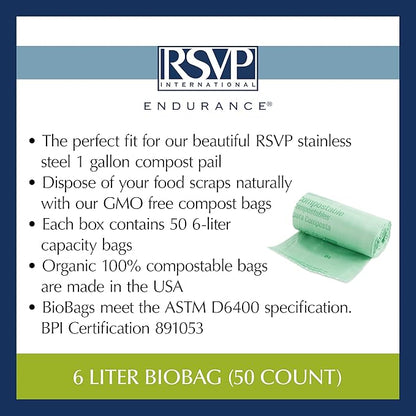 RSVP International Kitchen Collection Compost Pail, 1 Gallon Compostable Bags, Green