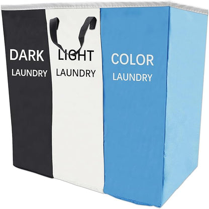 168L Laundry Hamper, Large Blanket Storage Basket Sorter 3 Section Bag Organizer for Dirty Clothes - Toys - Towel,15 X 23 X 28 inch Heavy Duty Laundry Cart Baskets (Black white blue bag)